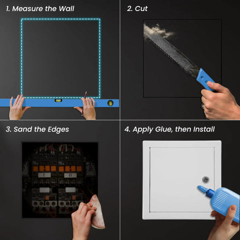 Steps to install Rock Solid 12 x 12 Inches White Galvanized Steel Access Panel For Drywall, including measuring and cutting.