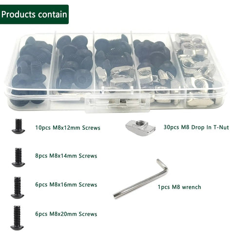 60Pcs 4040 Aluminum Extrusion Hardware Kit With M8 T Nuts And Screws For 10mm T Slot Rail in plastic organizer