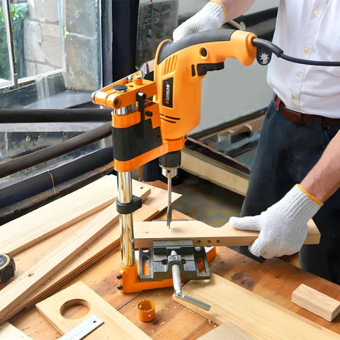 Adjustable Universal Drill Press Stand With Heavy Duty Aluminum Base For Precision Woodworking in use, drilling wood with stability.