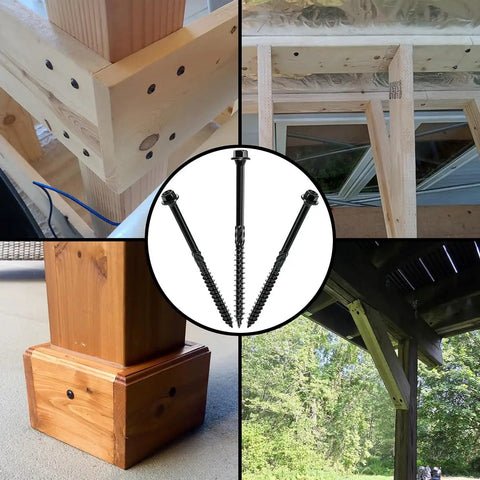 Heavy Hitter Deck Screws 14 X 4 Inch Hex Head Wood Structural Fasteners in wood frame and outdoor settings.