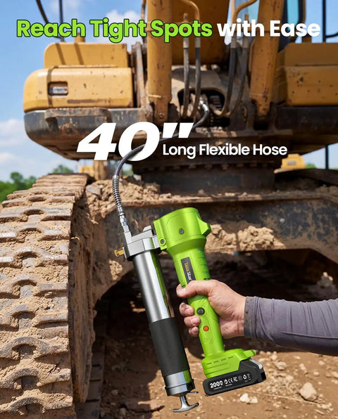 Lock On Trigger Cordless Electric Grease Gun Workhorse Kit with 40 Inch Hose used on tractor equipment