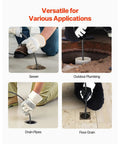 Image showing Wheeled Electric Sewer Snake Auger With 100 Feet Cable in use for sewer, outdoor plumbing, drain pipes, and floor drains.