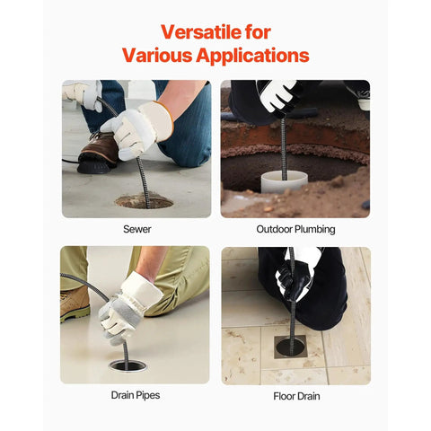 Image showing Wheeled Electric Sewer Snake Auger With 100 Feet Cable in use for sewer, outdoor plumbing, drain pipes, and floor drains.