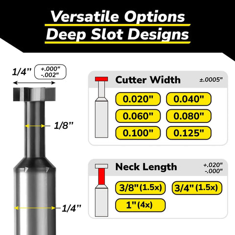 Heavy Duty Keyseat Cutter T Slot End Mill specifications diagram with multiple cutter and neck dimensions highlighted
