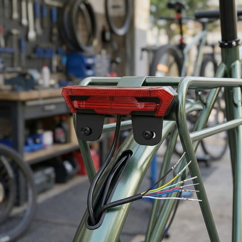 Ultra Bright E Bike Taillight With Turn Signals And Brake Sensor That Lights Up instantly For Night Riding Safety On Any Scooter Or Electric Cycle, red ABS rear light with wiring mounted on bike rack