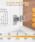 60 Pack Overlay Soft Close Cabinet Hinges close up, showing adjustment features and soft closing sound level under 30DB.