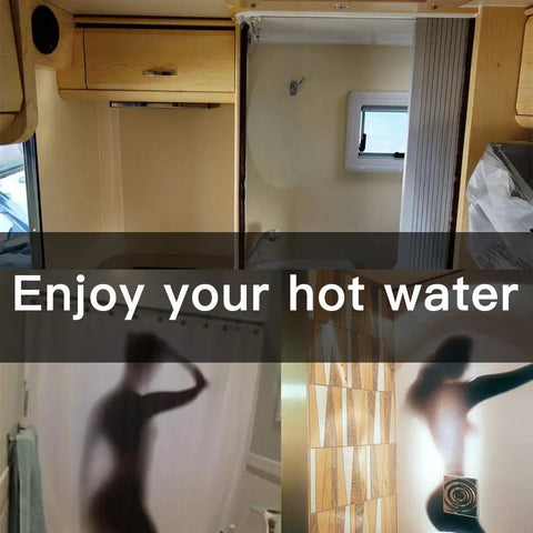 Interior view of an RV bathroom promoting Two Pack Magnesium RV Water Heater Anode Rods for Suburban RV Heaters.