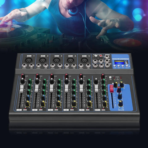 7 Channel Pro DJ Mixer Console With USB For Studio Karaoke And Live Gigs, High Compatibility Audio Mixing Board close-up
