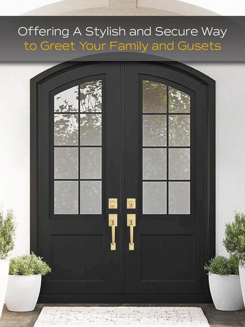 Double Front Door Handle Set With Satin Brass Exterior Lock Front Door Handle And Single Cylinder Deadbolt installed on black doors