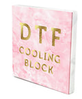 Cooling Block For DTF Transfers Fast Cold Peel Printing Tool with pink design and gold lettering, angled view.