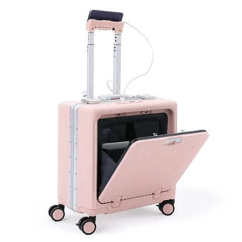 All In One Carry On Mini 19 Inch Smart Hardside Luggage With USB C Charging front open laptop compartment Blush