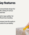 Straight Up Film Safety Cutter With Recessed Stainless Steel Blade And Built In Tape Splitter For Snappy Box Cutting Shrink Wrap And Paper Goods Heavy Duty Compact Pocket Ready Yellow Design No Sweat Reliability, showing key features and usage.