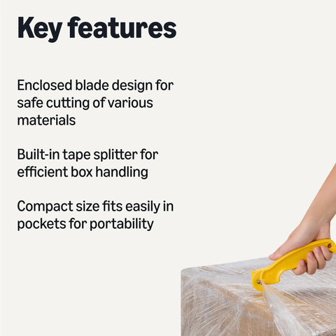 Straight Up Film Safety Cutter With Recessed Stainless Steel Blade And Built In Tape Splitter For Snappy Box Cutting Shrink Wrap And Paper Goods Heavy Duty Compact Pocket Ready Yellow Design No Sweat Reliability, showing key features and usage.