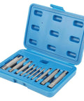 DIY Friendly 10 Piece Steel Broken Head Screw Remover Kit Tap Extractor Set in blue case, no drill needed, ideal for repairs.