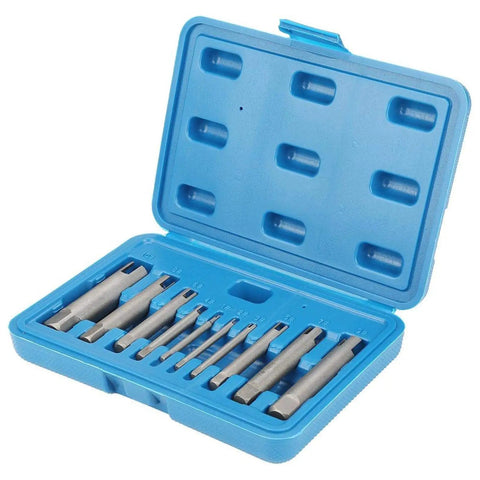 DIY Friendly 10 Piece Steel Broken Head Screw Remover Kit Tap Extractor Set in blue case, no drill needed, ideal for repairs.