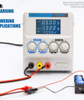 Regulated Variable DC Bench Power Supply 0 To 30V And 0 To 5A Low Noise Switch Mode With Alligator Clips connected to battery