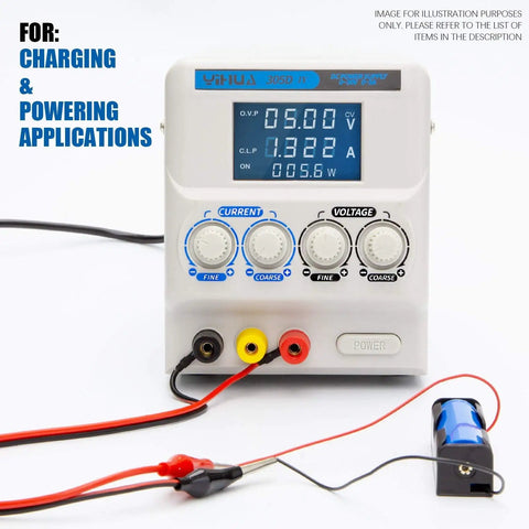 Regulated Variable DC Bench Power Supply 0 To 30V And 0 To 5A Low Noise Switch Mode With Alligator Clips connected to battery
