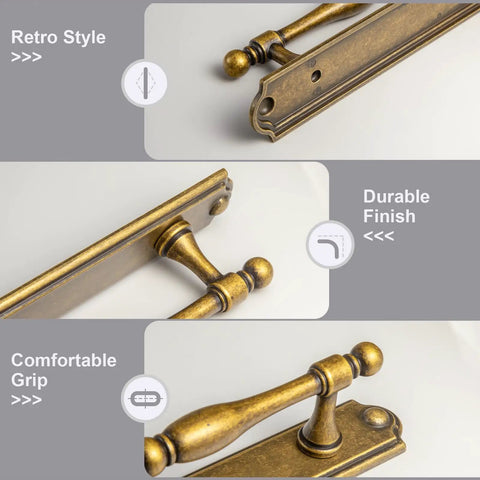 Gotta Have These Antique Brass Cabinet Pulls 2 Pack Featuring Classic Turned Spindle Shape And Chunky Decorative Backplate Solidly 5 Inch Hole Center shown from top and side angles, highlighting durable finish and comfortable grip.