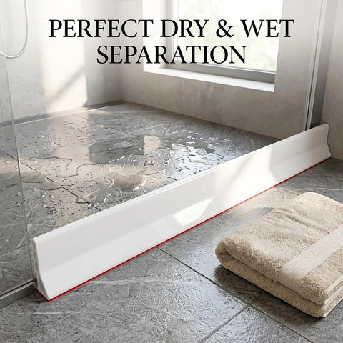 Bathroom with 3.5 Inch High Collapsible Shower Threshold Water Dam, 59 Inch Long Splash Guard Barrier in place.