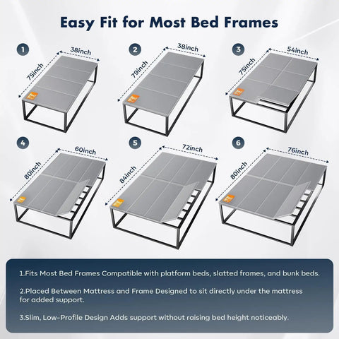 Queen Size Bunkie Board Gray 10mm Low Profile Base For 60X80 Inch Mattresses shown fitting various bed frames.