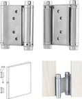 Stainless Steel Double Door Hinge Set For Cabinets And Drawers With Automatic Closing Built To Last Easy Install Fits 3 4 5 6 Inch Openings 4 Inch Version Durable Spring Hinge With Dual Opening For Soft Close Heavy Duty, shown with installation diagram and application on wood panels.