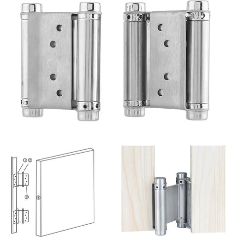 Stainless Steel Double Door Hinge Set For Cabinets And Drawers With Automatic Closing Built To Last Easy Install Fits 3 4 5 6 Inch Openings 4 Inch Version Durable Spring Hinge With Dual Opening For Soft Close Heavy Duty, shown with installation diagram and application on wood panels.