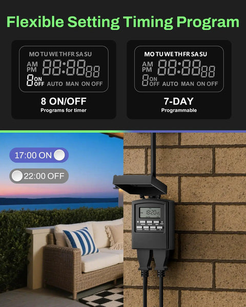 Outdoor Heavy Duty Digital Programmable Timer With Two Grounded Outlets, Waterproof, 7 Day Scheduling, 8 On And Off Programs, Easy Set And Go For Christmas Lights, 15A 0.5HP, ETL Listed