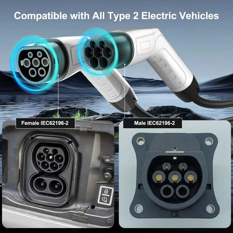 Pro Grade Type 2 EV Charging Cable Mode 3 Male To Female 22KW Three Phase 32A 16 FT Heavy Duty Extension Cord connectors close-up.