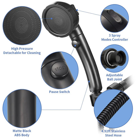 High Pressure Handheld Shower Head With On Off Pause Button Detachable Design 3 Spray Modes Massager Hose Adjustable Angle Bracket Water Saving Function Easy Grip Black Finish, showing features like detachable head and stainless steel hose