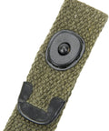 M1 Carbine Web Sling OD Green One Inch Canvas Reproduction with Lift-The-Dot Closure and WWII Style Steel Fixtures close-up