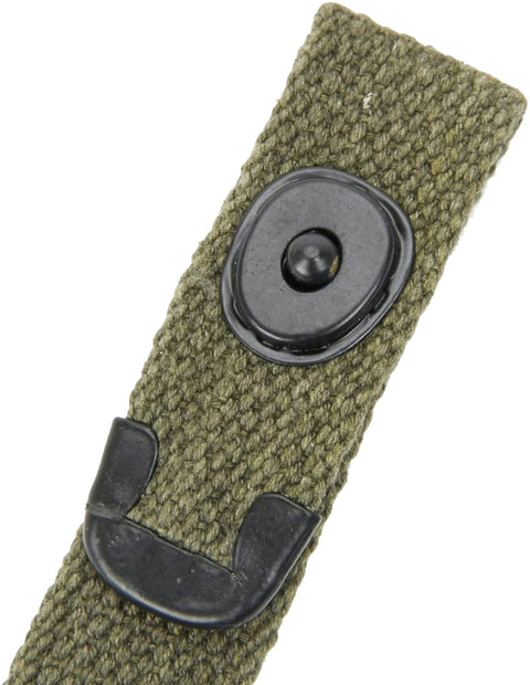 M1 Carbine Web Sling OD Green One Inch Canvas Reproduction with Lift-The-Dot Closure and WWII Style Steel Fixtures close-up