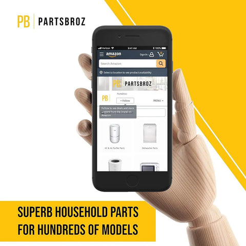Wooden hand holding smartphone with Amazon app displaying Partsbroz store for dishwasher slide track rail right side replacement.