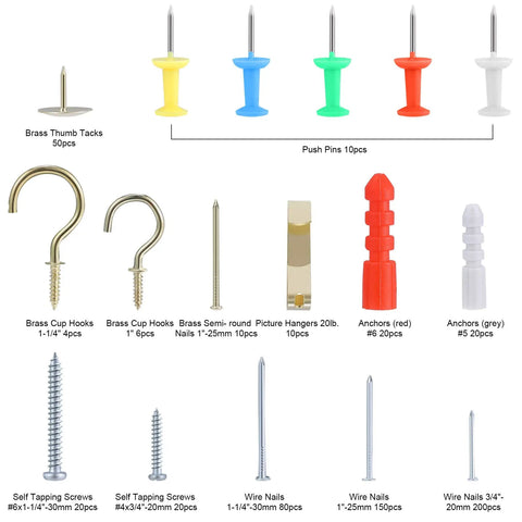 Repair And Wall Hanging Kit 600 Piece Assortment With Screws Nails Drywall Anchors Picture Hangers and Push Pins Displayed