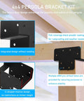 Diagram showing Three Way T Bracket Pergola Kit For 4x4 Wood Beams with black steel coating and multiple pre-drilled holes for stability.