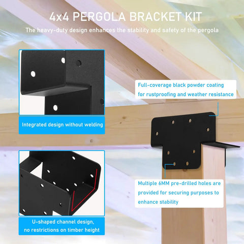 Diagram showing Three Way T Bracket Pergola Kit For 4x4 Wood Beams with black steel coating and multiple pre-drilled holes for stability.