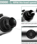 Close-up of Heavy Duty Air Die Grinder With Rock Solid Metal Housing And Precision Ball Bearings Powers Through Any Task At A Blazing 20000 Rpm, showing lubricant inlet.