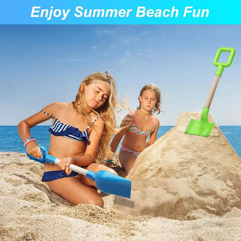 Children playing with 16 Inch Kids Beach Shovel Set 3 Pack With Solid Wood Handles ABS Plastic Digging Spades Rakes And Scoops on beach