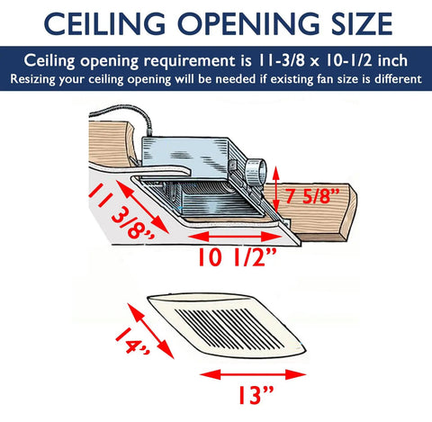 Diagram showing ceiling opening size for Whisper Quiet 120 CFM Bathroom Exhaust Fan With 0.3 Sone Noise 2700K LED Light Ceiling Opening.