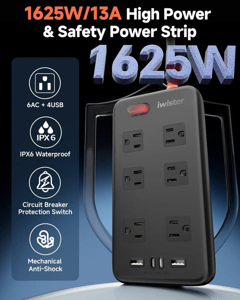 Outdoor Waterproof Power Strip IPX6 With Six Outlets And Four USB Ports 6 Ft Extension Cord Wall Mountable 13A 1625W