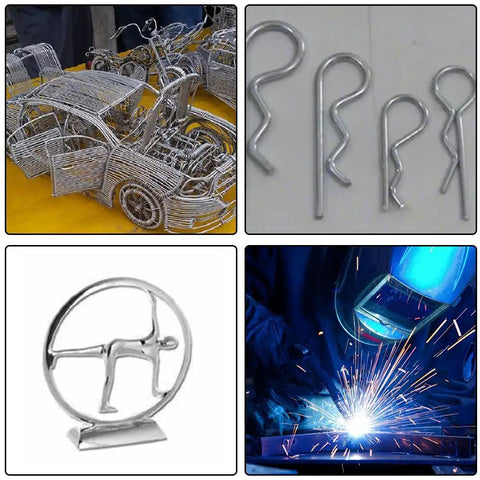 Collage showing 2.5mm Diameter Aluminum Round Rod Set, 6063 Aluminum Solid Rods in DIY crafts, welding, and sculptures.