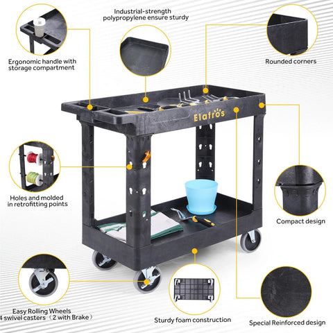 Heavy Duty Plastic Utility Cart With Deep Shelves And Full Swivel Wheels, 34 x 17 Inch 2 Tier Service Cart for Warehouse Garage