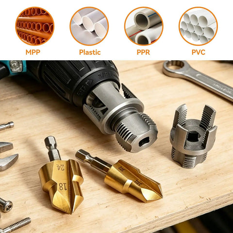 Professional PPR Pipe Threading And Reaming Tool Kit Compatible With Electric Drill For 1/2 3/4 And 1 Inch PVC Plumbing Pipe, includes various threading bits.