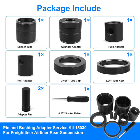 Pin and Bushing Adapter Service Kit 15030 components for heavy duty trucks, including tubes, adapters, and driver tool.