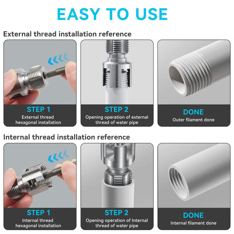 Dual Function Pipe Threader Tool For 1/2 Inch Plastic Pipes, Internal And External Threading, Drill Compatible To Speed Up Work, Heavy Duty Alloy Steel Construction, Pro DIY Pipe Fitting Tool shown threading PVC pipe