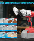Heavy Hitter Brushless Cordless Metal Shear Fits Milwaukee 18V Battery showcased cutting steel, leather, and carpet, highlighting powerful features.