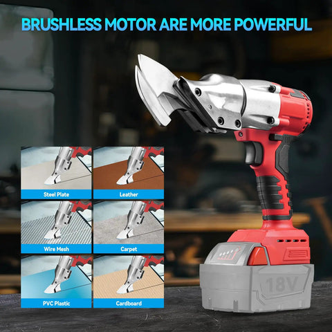 Heavy Hitter Brushless Cordless Metal Shear Fits Milwaukee 18V Battery showcased cutting steel, leather, and carpet, highlighting powerful features.