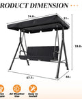 Three-Seat Outdoor Patio Swing Chair With Adjustable Canopy And Durable Steel Frame For Patio Garden And Poolside Black Finish, Comfortably Fits Three Adults, Ideal For Backyard Kickback And Hangouts with dimensions