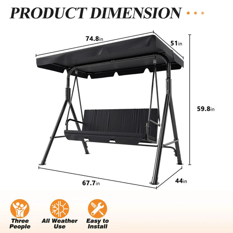 Three-Seat Outdoor Patio Swing Chair With Adjustable Canopy And Durable Steel Frame For Patio Garden And Poolside Black Finish, Comfortably Fits Three Adults, Ideal For Backyard Kickback And Hangouts with dimensions