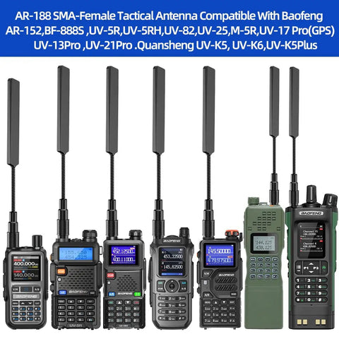 Assortment of radios with Long Range Dual Band Ham Radio Antenna SMA-Female 144 430 MHz Foldable Gooseneck Whip