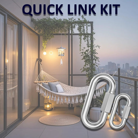 34-Piece Quick Link Kit With 6 Sizes In Carbon Steel Chain Connectors displayed on a balcony with hammock and decor